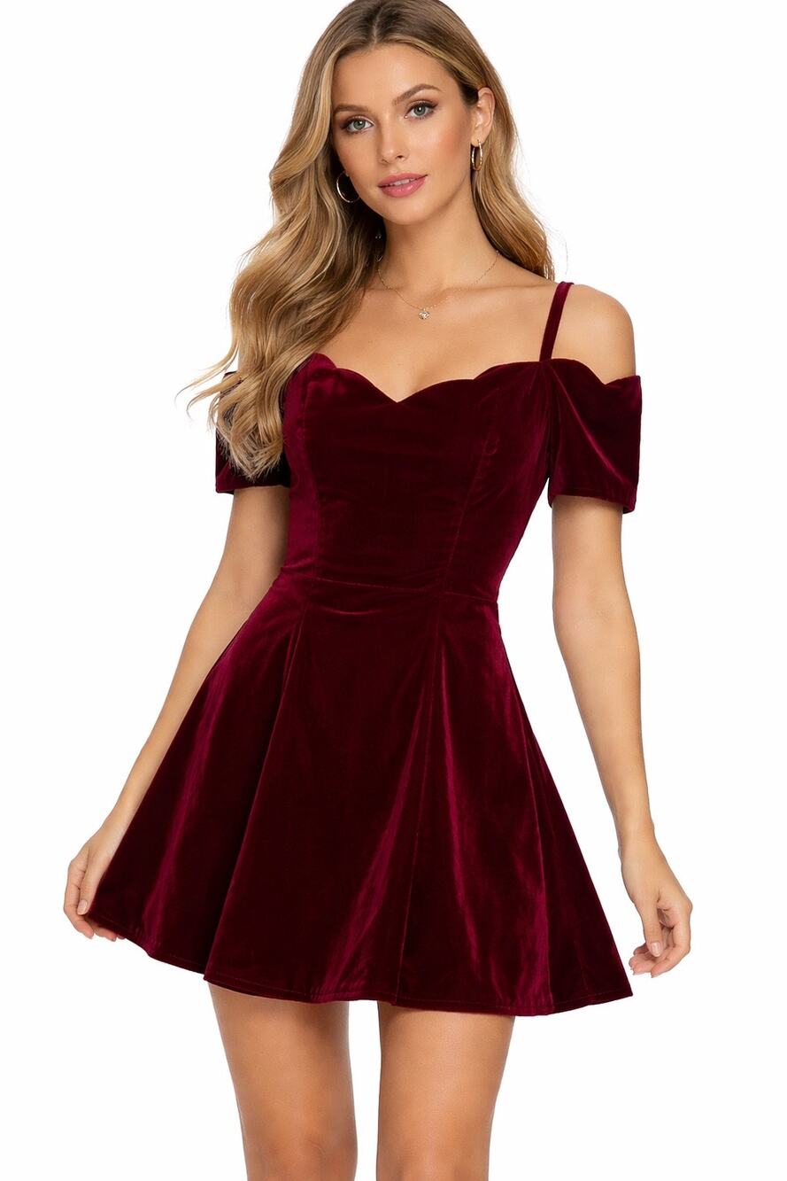 1990s Roberta Burgundy Velvet Off Shoulder Party Dress USA made Medium